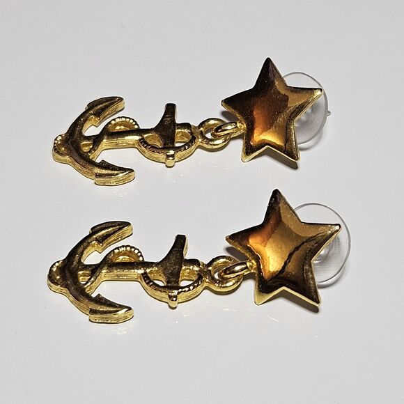 Vintage Gold Tone Star With Dangling Anchor Statement Earrings - Picture 8 of 11